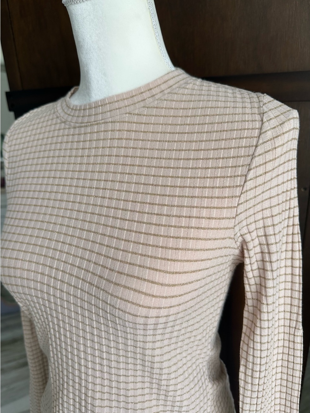 David Lerner Long Sleeve Ribbed Crewneck Top - Light Beige